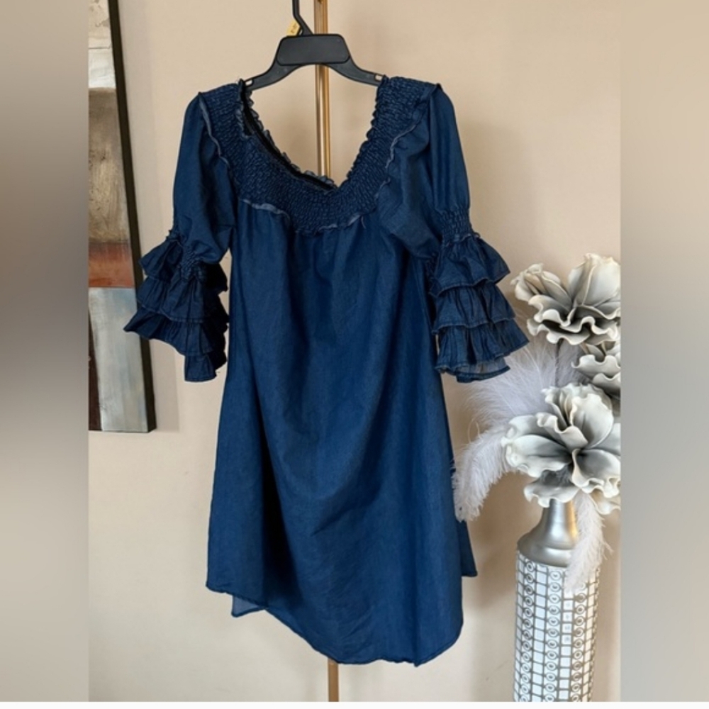Blue Ruffled Off-Shoulder Dress